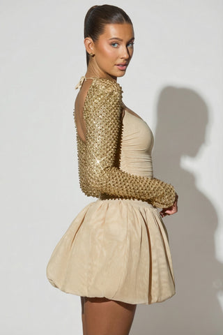 Embellished Bubble Hem Mini Dress in Gold