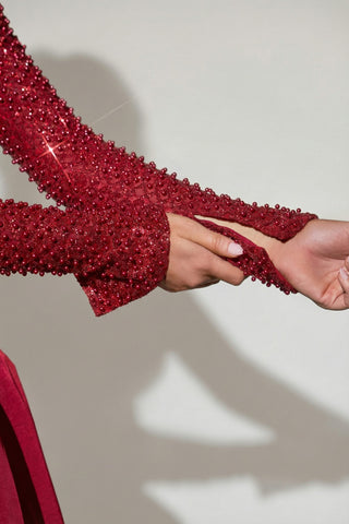 Embellished Bubble Hem Mini Dress in Red