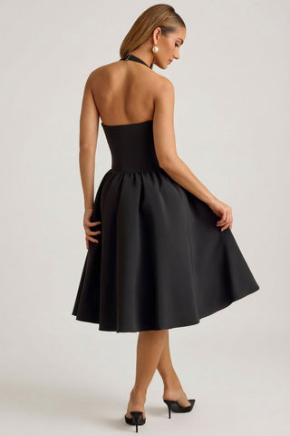 Halterneck Bow-Detail Midi Dress in Black