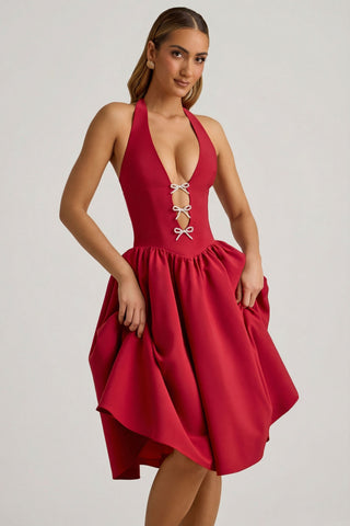 Halterneck Bow-Detail Midi Dress in True Red