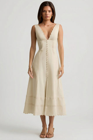 Cotton-Poplin A-Line Midaxi Dress in Ivory