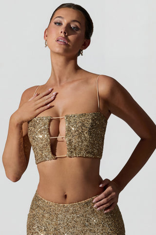 Embellished Cut-Out Crop Top in Gold