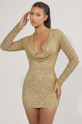 Embellished Cowl-Neck Mini Dress in Gold