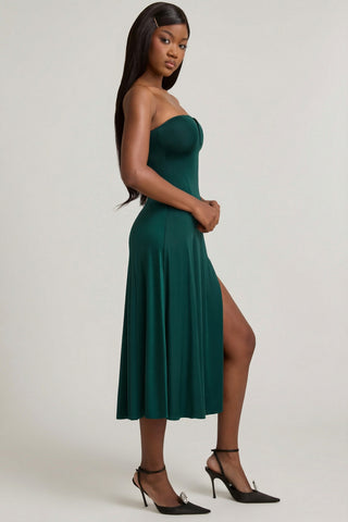 Slinky Jersey Strapless A-Line Midaxi Dress in Emerald Green