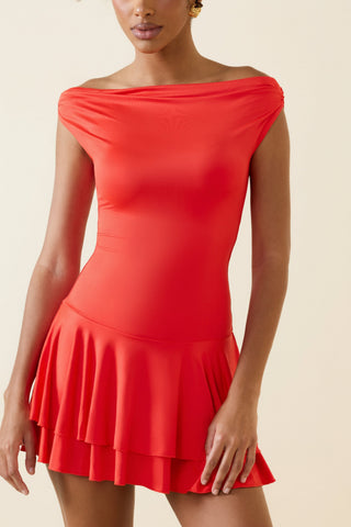 Off-Shoulder Ruffled Mini Dress in Scarlet