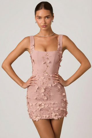 Embellished Appliqu? Corset Mini Dress in Dusty Rose