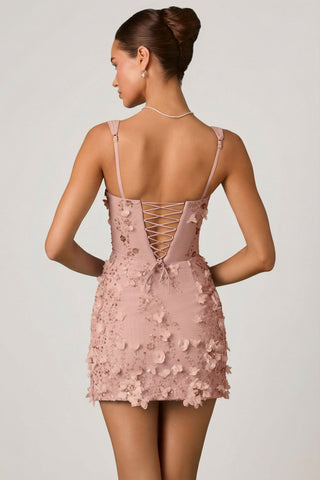 Embellished Appliqu? Corset Mini Dress in Dusty Rose