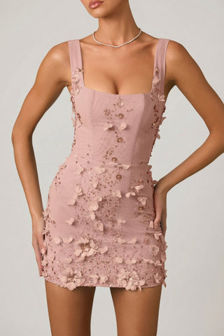 Embellished Appliqu? Corset Mini Dress in Dusty Rose
