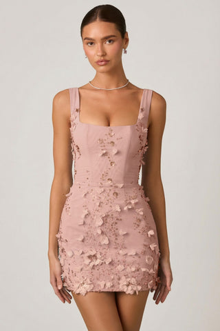 Embellished Appliqu? Corset Mini Dress in Dusty Rose