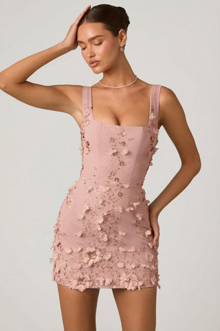 Embellished Appliqu? Corset Mini Dress in Dusty Rose