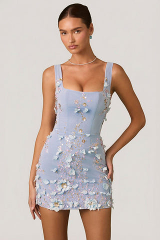 Embellished Appliqu? Corset Mini Dress in Sky Blue