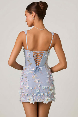 Embellished Appliqu? Corset Mini Dress in Sky Blue