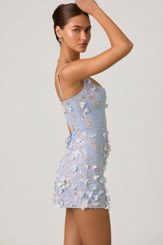Embellished Appliqu? Corset Mini Dress in Sky Blue