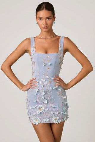 Embellished Appliqu? Corset Mini Dress in Sky Blue