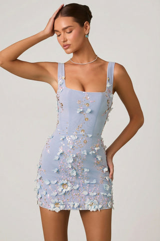 Embellished Appliqu? Corset Mini Dress in Sky Blue