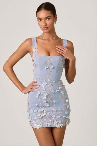 Embellished Appliqu? Corset Mini Dress in Sky Blue