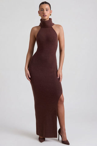 Ribbed-Knit Turtleneck Backless Maxi Dress in Espresso