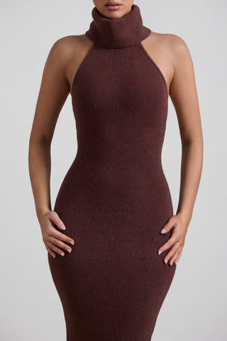 Ribbed-Knit Turtleneck Backless Maxi Dress in Espresso