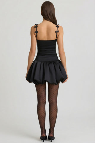 Bow-Detail Ruched Bubble Hem Mini Dress in Black