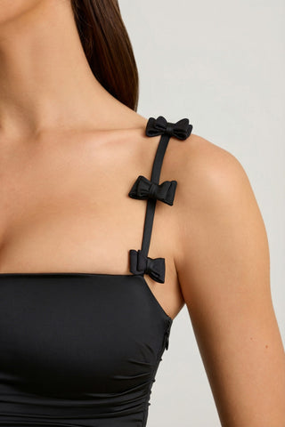Bow-Detail Ruched Bubble Hem Mini Dress in Black