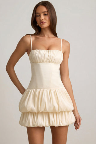Satin Bubble Hem Corset Mini Dress in Ivory