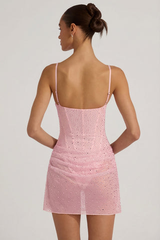 Semi-Sheer Embellished Draped Corset Mini Dress in Pink