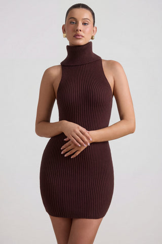 Ribbed-Knit Turtleneck Mini Dress in Espresso