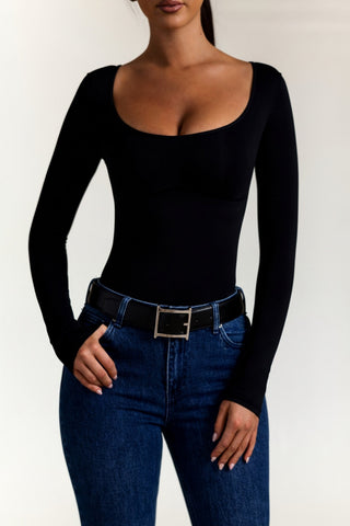 Seamless Long-Sleeve Bodysuit in Black
