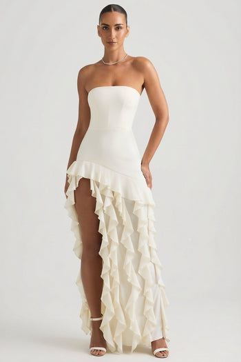 Ruffle-Trim Strapless Gown in Ivory