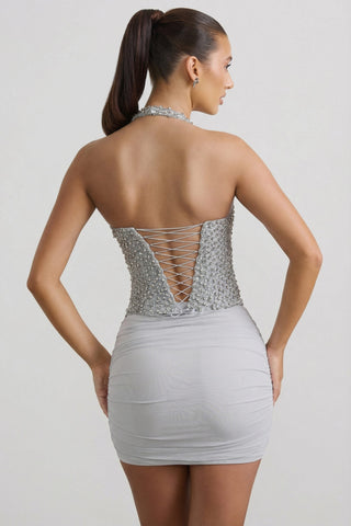 Ruched Mid-Rise Mini Skirt in Silver