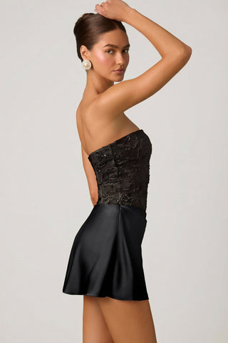 Embellished Draped Strapless A-Line Mini Dress in Black