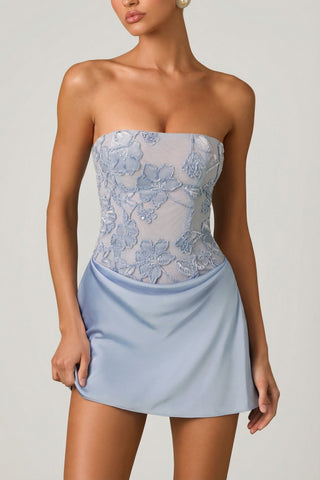 Embellished Draped Strapless A-Line Mini Dress in Sky Blue