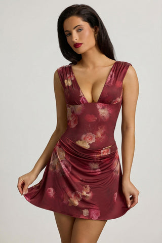 Draped Open-Back A-Line Mini Dress in Maroon Floral Print