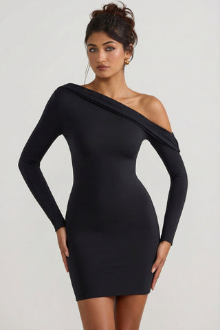 Off-Shoulder Ruched Mini Dress in Black