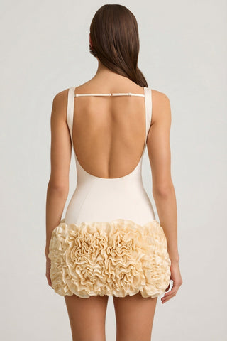 Satin Floral Appliqu? Open-Back Mini Dress in Ivory