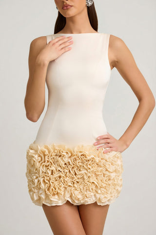 Satin Floral Appliqu? Open-Back Mini Dress in Ivory