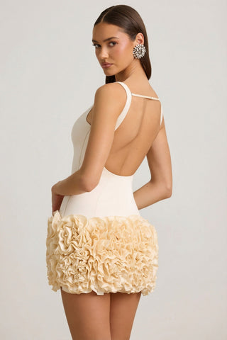 Satin Floral Appliqu? Open-Back Mini Dress in Ivory