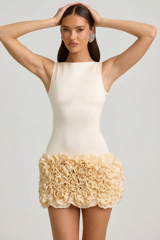 Satin Floral Appliqu? Open-Back Mini Dress in Ivory