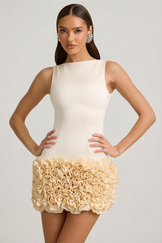 Satin Floral Appliqu? Open-Back Mini Dress in Ivory