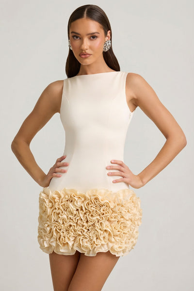 Satin Floral Appliqu? Open-Back Mini Dress in Ivory