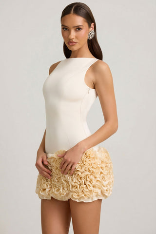 Satin Floral Appliqu? Open-Back Mini Dress in Ivory