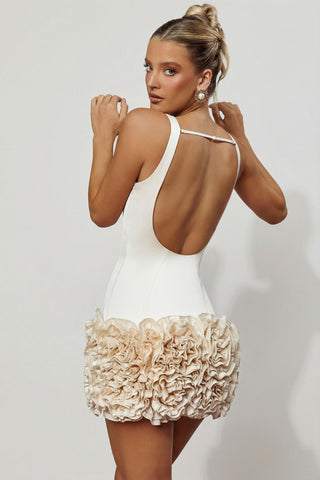 Satin Floral Appliqu? Open-Back Mini Dress in Ivory