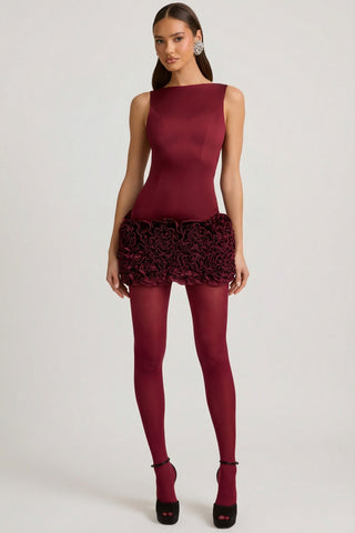 Satin Floral Appliqu? Open-Back Mini Dress in Wine Red