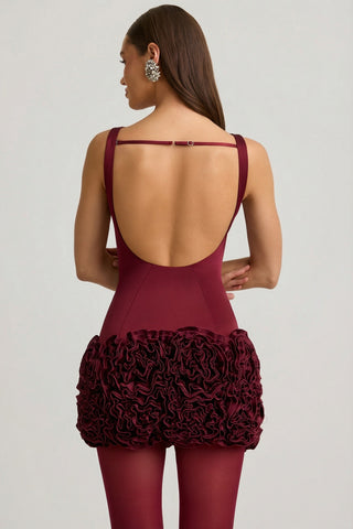 Satin Floral Appliqu? Open-Back Mini Dress in Wine Red
