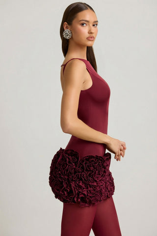 Satin Floral Appliqu? Open-Back Mini Dress in Wine Red
