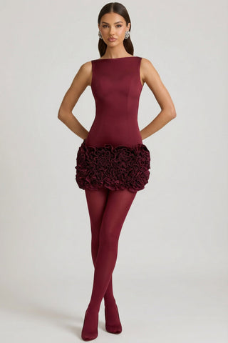 Satin Floral Appliqu? Open-Back Mini Dress in Wine Red