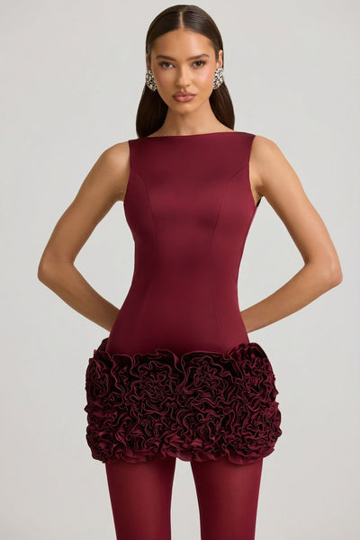 Satin Floral Appliqu? Open-Back Mini Dress in Wine Red