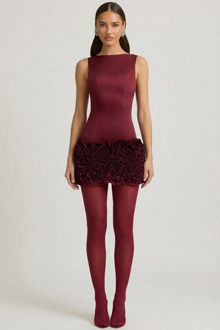 Satin Floral Appliqu? Open-Back Mini Dress in Wine Red
