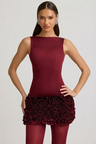 Satin Floral Appliqu? Open-Back Mini Dress in Wine Red