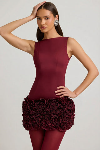 Satin Floral Appliqu? Open-Back Mini Dress in Wine Red